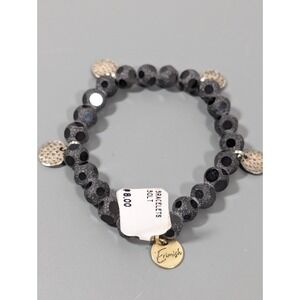 Erimish Black Faceted‎ Glass Stretch Bracelet Silver Tone Hammered Charm 6.5 in